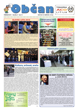 FEBRUAR 2011 • Številka 2 • Leto 13 Novice Iz Občine Litija
