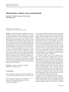 Mitochondria, Oxidative Stress and Cell Death