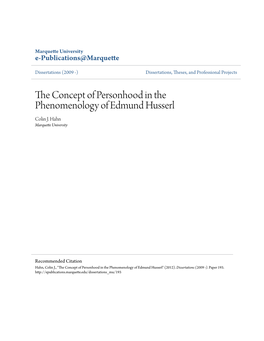 The Concept of Personhood in the Phenomenology of Edmund Husserl