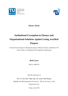Institutional Corruption in Finance and Organisational Solutions Against