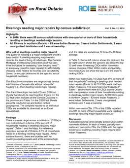 Dwellings Needing Major Repairs by Census Subdivision Vol