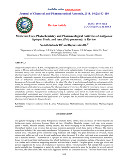 Medicinal Uses, Phytochemistry and Pharmacological Activities of Antigonon Leptopus Hook