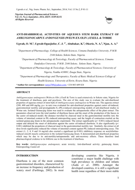 ANTI-DIARRHOEAL ACTIVITIES of AQUEOUS STEM BARK EXTRACT of AMBLYGONOCARPUS ANDONGENSIS (WELW.EX OLIV.) EXELL & TORRE Ugwah