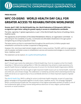 Wfc Co-Signs World Health Day Call for Greater Access to Rehabilitation Worldwide