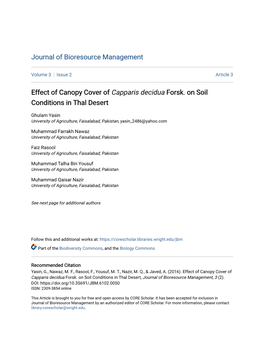 Effect of Canopy Cover of <Em>Capparis Decidua</Em> Forsk. on Soil Conditions in Thal Desert