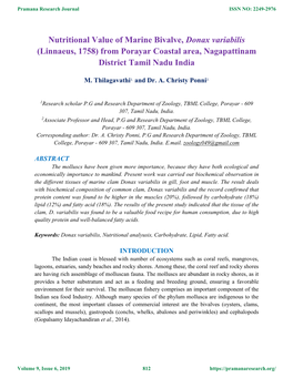 Nutritional Value of Marine Bivalve, Donax Variabilis (Linnaeus, 1758) from Porayar Coastal Area, Nagapattinam District Tamil Nadu India