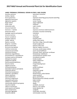 2017 NALP Annual and Perennial Plant List for Identification Exam