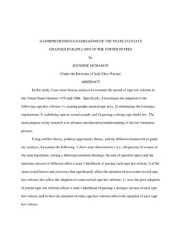 A COMPREHENSIVE EXAMINATION of the STATE-TO-STATE CHANGES in RAPE LAWS in the UNITED STATES by JENNIFER MCMAHON (Under the Dire