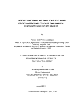 Mercury in Artisanal and Small Scale Gold Mining: Identifying Strategies to Reduce Environmental Contamination in Southern Ecuador