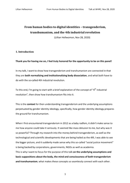 From Human Bodies to Digital Identities – Transgenderism, Transhumanism, and the 4Th Industrial Revolution (Lillian Hellwomon, Nov 28, 2020)