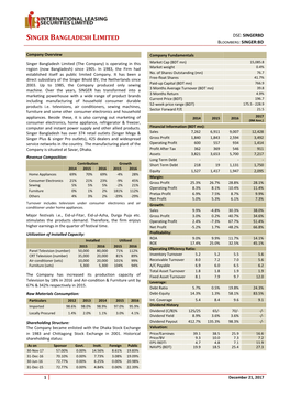 Singer Bangladesh Limited Dse: Singerbd Bloomberg: Singer:Bd