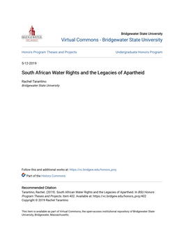 South African Water Rights and the Legacies of Apartheid