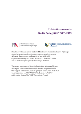 Źródła Finansowania „Studia Periegetica” 3(27)/2019