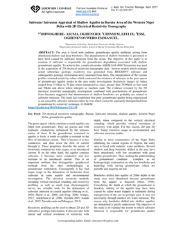 Saltwater Intrusion Appraisal of Shallow Aquifer in Burutu Area of the Western Niger Delta with 2D Electrical Resistivity Tomography