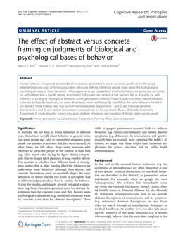 The Effect of Abstract Versus Concrete Framing on Judgments of Biological and Psychological Bases of Behavior Nancy S