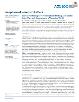 Northern Hemisphere Atmospheric Stilling Accelerates Lake Thermal