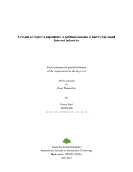 Critique of Cognitive Capitalism: a Political Economy of Knowledge-Based Internet Industries