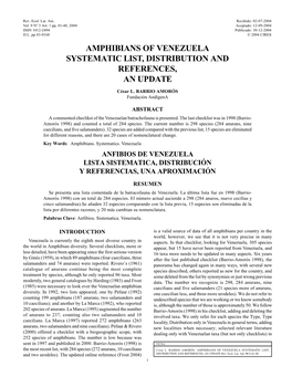 AMPHIBIANS of VENEZUELA SYSTEMATIC LIST, DISTRIBUTION and REFERENCES, an UPDATE Rev