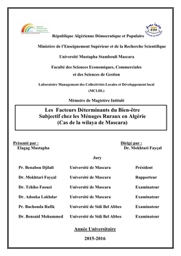 Les Facteurs Déterminants Du Bien-Être Subjectif Chez Les Ménages Ruraux En Algérie (Cas De La Wilaya De Mascara)