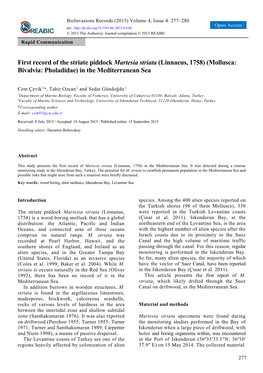 First Record of the Striate Piddock Martesia Striata (Linnaeus, 1758) (Mollusca: Bivalvia: Pholadidae) in the Mediterranean Sea