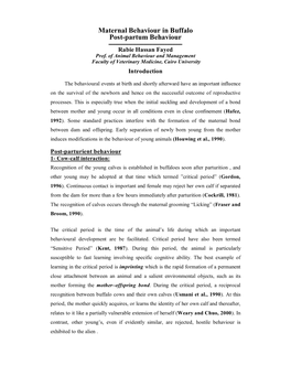 Maternal Behaviour in Buffalo Post-Partum Behaviour ـــــــــــــــــــــــــــــــــــــــــــــــــــــــــــــــــــــ Rabie Hassan Fayed Prof