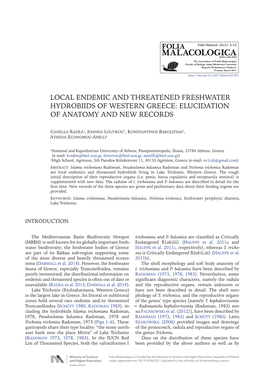 Local Endemic and Threatened Freshwater Hydrobiids of Western Greece: Elucidation of Anatomy and New Records