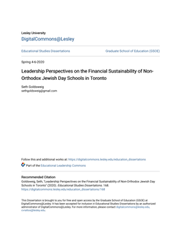 Leadership Perspectives on the Financial Sustainability of Non- Orthodox Jewish Day Schools in Toronto