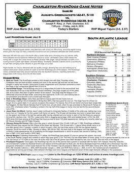 Charleston Riverdogs Game Notes