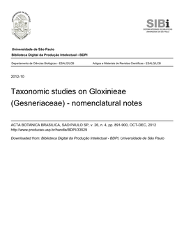 Gesneriaceae) - Nomenclatural Notes