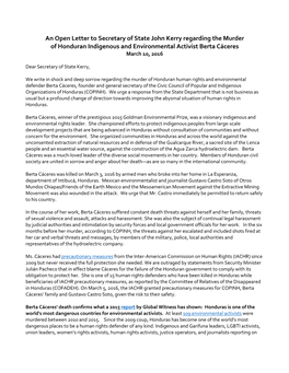 An Open Letter to Secretary of State John Kerry Regarding the Murder of Honduran Indigenous and Environmental Activist Berta Cáceres March 10, 2016
