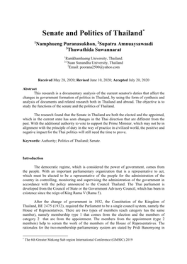 Senate and Politics of Thailand* 1Namphueng Puranasukhon, 2Supatra Amnuaysawasdi 3Thuwathida Suwannarat