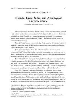 Nirukta, Uˆådi Sëtra, and A∑†Ådhyåy¥: a Review Article* (Published In: Indo-Iranian Journal 27 (1984), Pp