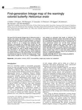 First-Generation Linkage Map of the Warningly Colored Butterfly