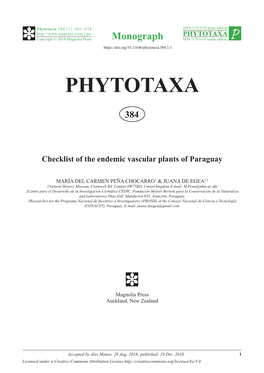 Checklist of the Endemic Vascular Plants of Paraguay