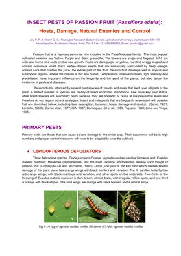 INSECT PESTS of PASSION FRUIT (Passiflora Edulis): Hosts, Damage, Natural Enemies and Control
