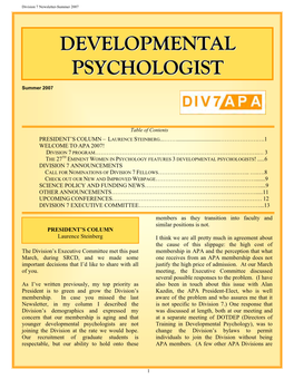 Developmental Psychologists! .....6 Division 7 Announcements Call for Nominations of Division 7 Fellows………………………………….……