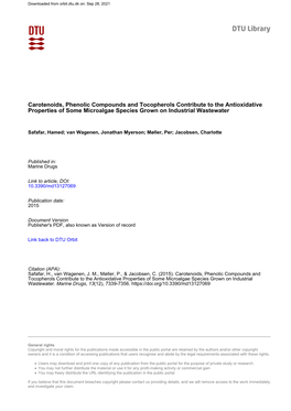 Carotenoids, Phenolic Compounds and Tocopherols Contribute to the Antioxidative Properties of Some Microalgae Species Grown on Industrial Wastewater