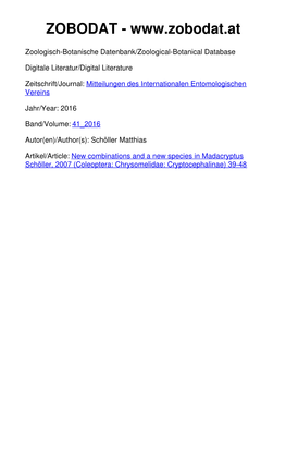 New Combinations and a New Species in Madacryptus Schöller, 2007 (Coleoptera: Chrysomelidae: Cryptocephalinae) 39-48 Mitt