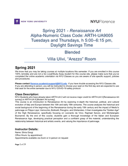 Renaissance Art Alpha-Numeric Class Code: ARTH-UA9005 Tuesdays and Thursdays, H 5:00–6:15 Pm, Daylight Savings Time Blended Villa Ulivi, “Arezzo” Room