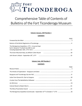 Comprehensive Table of Contents of Bulletins of the Fort Ticonderoga Museum