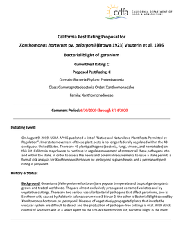 California Pest Rating Proposal for Xanthomonas Hortorum Pv. Pelargonii (Brown 1923) Vauterin Et Al