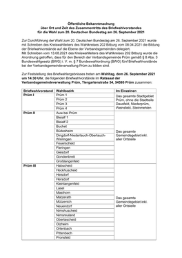 Öffentliche Bekanntmachung Über Ort Und Zeit Des Zusammentritts Des Briefwahlvorstandes Für Die Wahl Zum 20. Deutschen Bundestag Am 26