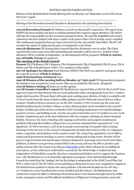 BINFIELD HEATH PARISH COUNCIL Minutes of the Binfield Heath Parish Meeting Held on Monday 24Th September 2018 at the Scout Hut from 7.45Pm