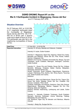 DSWD DROMIC Report #1 on the Mw 6.1 Earthquake Incident in Magsaysay, Davao Del Sur As of 11 February 2021, 6PM