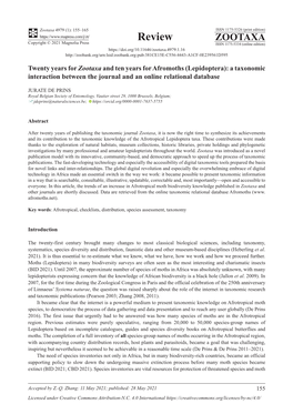 Twenty Years for Zootaxa and Ten Years for Afromoths (Lepidoptera): a Taxonomic Interaction Between the Journal and an Online Relational Database