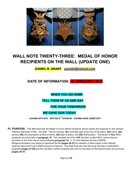 Wall Note Twenty-Three: Medal of Honor Recipients on the Wall (Update One)