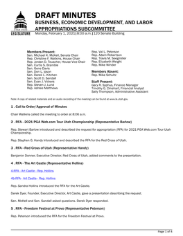 DRAFT MINUTES BUSINESS, ECONOMIC DEVELOPMENT, and LABOR APPROPRIATIONS SUBCOMMITTEE Monday, February 1, 2021|8:00 A.M.|120 Senate Building