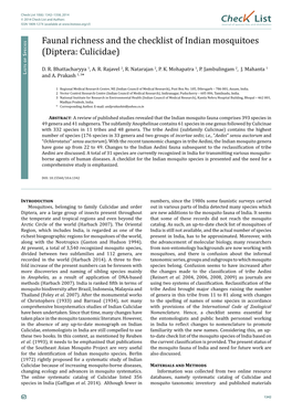 Chec List Faunal Richness and the Checklist of Indian Mosquitoes