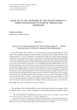 Louis Xiv in the Opinions of the Polish Nobility – from Fascination to Fear of Absolutum Dominium1
