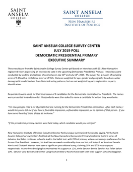 Saint Anselm College Survey Center July 2019 Poll Democratic Presidential Primary Executive Summary